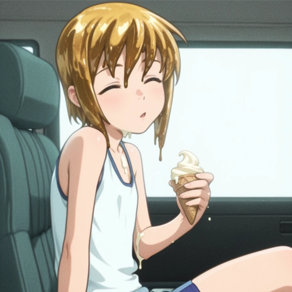 1boy, solo, (looking at viewer, eye contact:1.3), closed mouth smile, sticking tongue out, licking ice cream, holding large ice cream cone, (sitting inside suv), medium shot, from side, long pink tank top, blue jeans, nose blush, shiny skin, adorable face, <lora:boku no pico ova-lora-nochekaiser:0.7> bokunopico, pico, short blonde hair, (green eyes:1), flat chest, slim built, volumetric lighting