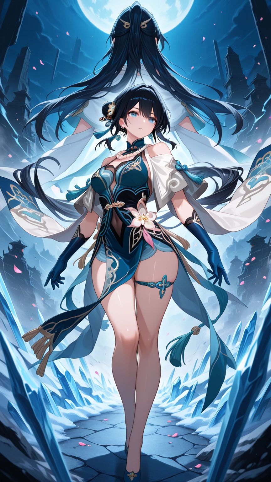 trading card style, art nouveau, standing, detailed face, detailed eyes, beautiful blue eyes, slender woman, divine, long ponytail, huge breasts, black and gold bikini, gold accessories, dark hair