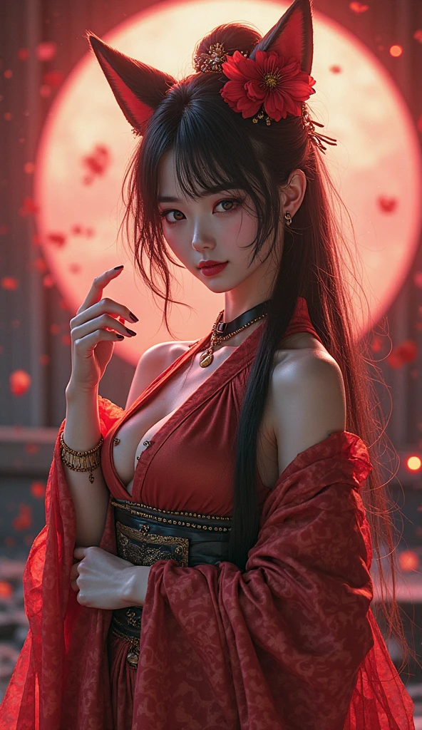 Beautiful young and sweet queen of cyberpunk vampire geisha, woman, hot, with flowing hair, fleshy lips, large breasts, silky pale skin (oily) covered in blood, ((hyper realistic, photorealistic, 8k masterpiece intricate details)), wearing sensual red and white kimono with neon bats drawn, wearing rings and bracelets with jewels, floating in the air with an imposing pose and a blood-colored moon behind on a sinister night.