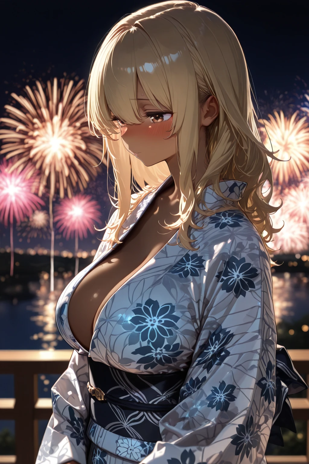 ((one personの女性)), Beautiful Face,Close ~ eyes,((Painful expression:2.0)),Sweat,Please open your mouth wide,turn bright red,Glossy pink lips,night,Luxurious Japanese-style room,firework, ((Anime style background)),masterpiece, highest quality, so beautiful, up to date, Complex details, (Pink long nails),AI-generated, Complex,High resolution, highest quality, super high quality,3D Images、View your audience、3D Images,one person,Long Blonde Hair,High Ponytail,blue eyes,Anime woman posing for a photo, [[Fine grain、Colorful eyes、Shining Eyes:1.15]],(Squint your eyes:1.1),a hyperRealistic , hyperRealistic , Realistic,Blonde anime woman with long hair, Smooth anime CG art, A woman in a colorful kimono with gold embroidery, (Black kimono),Red floral pattern,Long flower hair ornament,Big earrings,(Big Breasts:1.4),Mature Body,expensive,Big Ass,Fine details,Narrow waist,Abdominal muscles,Shooting from an angle,Touching the vagina with your fingers,((Breast milk flows from the nipples:1.7)),Exposed vagina,Lying down,Leg spread,(Semen from the vagina),