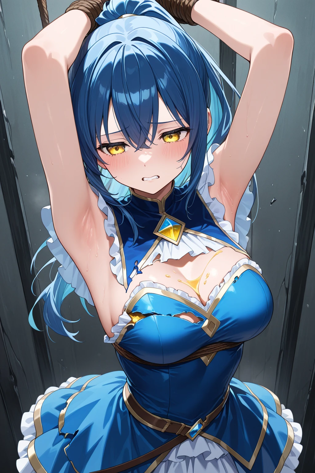(masterpiece, best quality:1.2), (1 female,wearing a police uniform),(Bound by ropes:1.7), solo,dark skin,sweating skin,(Open pose:1.7),(hair over one eye, wet hair),(Ahegao:1.4),(In prison:1.7)