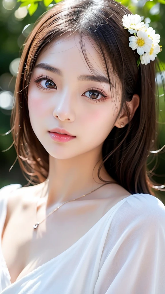 1 girl walking on the river, mix4, Sweaters, PILLOWS, Beautiful lips, Open_Mouth, Realistic, Photo_(Medium), Solo, plushies_animal, plushies_toy, teddy_a bear,(masutepiece),(Photorealistic:1.3), Ultra-detailed, (High detailed skin:1.2),(Best Quality:1.0), (超A high resolution:1.0), (ulzzang-6500:0.3), Wavy detailed hair, Long hair, Sunshine, (Beautiful detailed makeup), (sexually aroused blushing heavy breathing:1.0), Flower-themed petals strewn, (soft glow bloom:0.5)