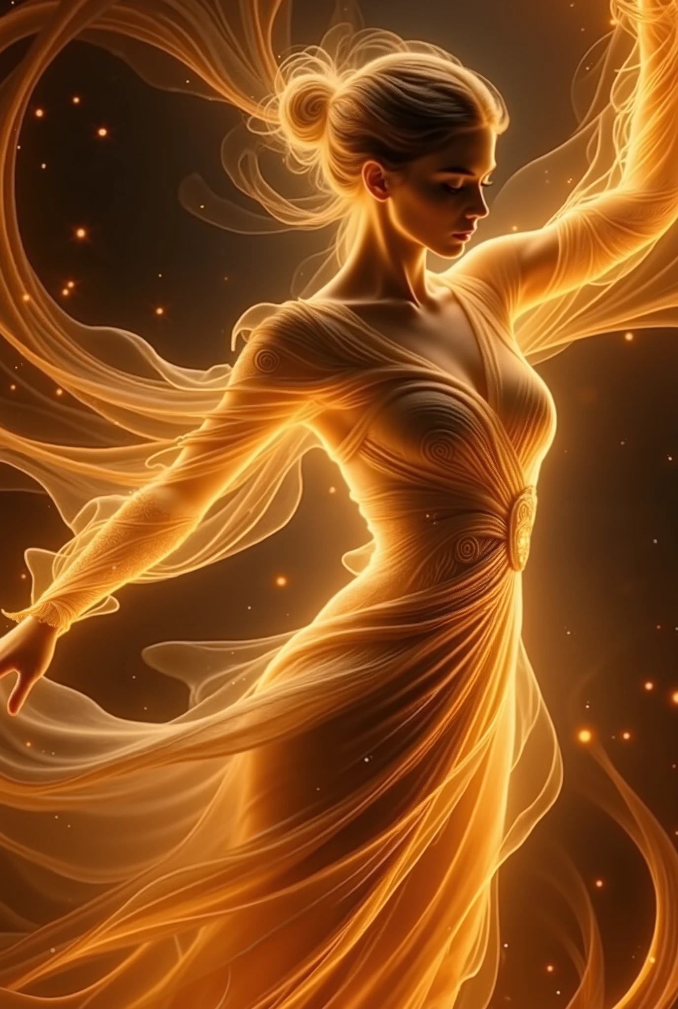 Re211. close-up do tronco .A hyper-realistic photograph of a powerful female character deftly commanding fire. Flames wrap around her in hypnotic, movimento fluido, your entire body in its embrace of fire. sua longa, flowing hair is elegantly attached, shining weakly from the intense brightness surrounding it.
With a hand raised above her head, it channels the brute force of fire with unwavering mastery, as your other hand delicately guides the spinning flames. Massive arches of fire that rotate and dance in accented hypnotic patterns, illuminating the room with golden tones Crimson. Embers crackle in the air, scattering radiant sparks, as heat waves twinkle, distorting the space around her.
Her intricately designed medieval dress, adorned with delicate patterns, shines under the fluctuating flames, your fabric subtly reflecting the infernal energy. The play of light and shadow sculpts depth in the scene — dramatic highlights burn the edges of the fire vortex, while deep shadows intensify the cinematic mood. Dense smoke floats through the air, merging the raw elemental power of fire with the dreamlike energy of your presence. Photorealistic textures amplify each surface, from the molten embers to the distortion of shimmering heat, creating an immersive and breathtaking masterpiece.
The background is dark, The luminous golden color of the sculpture and the liquid, giving the image a striking and ethereal appearance. The overall composition conveys a sense of elegance, movimento, and artistic expression.