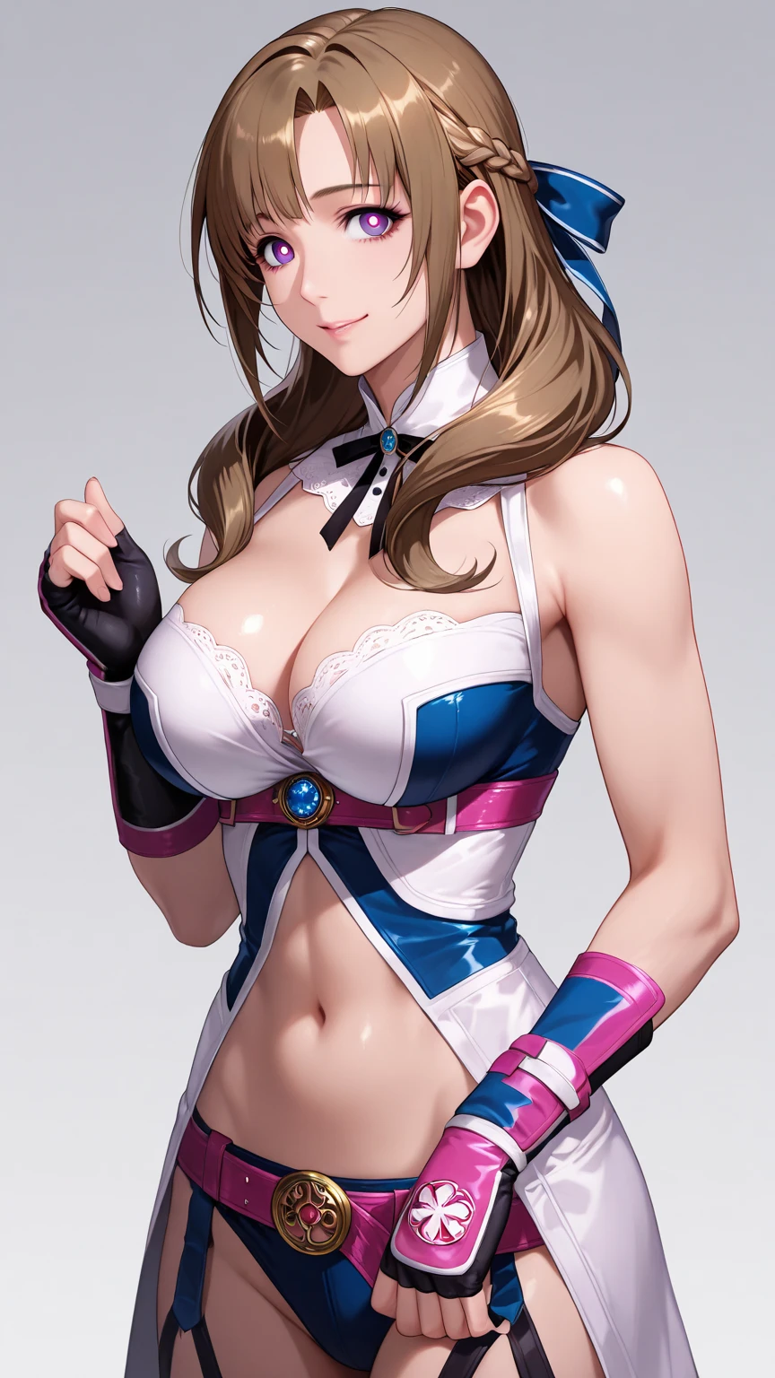(cowboy shot: 1.5), (white background, simple background: 1.5), (masterpiece:1.5), (big breasts: 1.5), (1 girl: 1.5), young woman, (Beautiful Girl:1.5), (extremely detailed and delicate anime face and eyes:1.5), whole body, (natural light, HDR, extremely details CG:1.3), (dynamic posture:1.3), {correct body anatomy}, (wide hips: 1.3), (perfect hands: 1.5), single focus, toned body, Beautiful Lips, thick lips, {surreal}, {correct posture}, {minutes details}, {detailed body}, {detailed clothing}, (Bright Eyes: 1.3), (cleavage: 1.3), {accessories}, {sexy}, (black wafuku: 1.5), (black school uniform: 1.3), (Short navy blue blazer: 1.5), (black blouse: 1.3), long sleeves jacket, (short skirt: 1.3), skirt, (bowtie: 1.3), hairclip, jewelry, earrings, (white pantyhose: 1.3), loafers, (light smile: 1.3), (low ponytail: 1.3), (light brown hair: 1.5), (parted bangs: 1.3), (half updo: 1.5), glowing hair, (bright maroon eyes: 1.3),