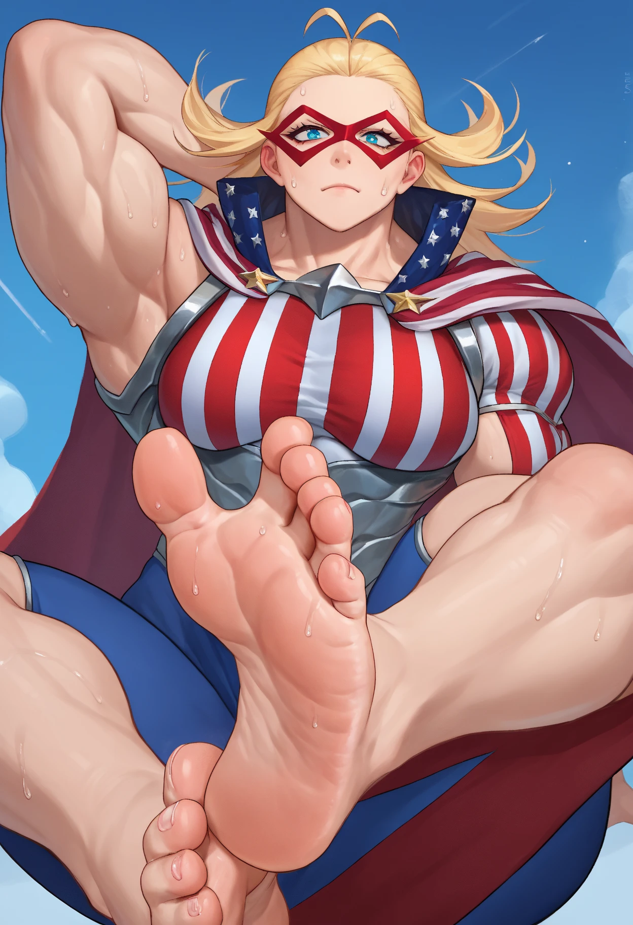 score_9, score_8_up, score_7_up, score_6_up,score_5_up,score_4_up, (BREAK domino mask:1.2), american flag print, striped bodysuit, red cape,starandstripe, toned, antenna hair, long hair, ?????? grin, (nsfw:1.2), pubic hair, in room, large breasts, nipples, gigantic ????? to anal, (pussy juice:1.2), ???, (muscle male:1.2), (???? sex:1.4), (Allmight:1.4), back supright straddle, hug, (from side below:1.2), (grabbing another's breast:1.2), city lights, night, (spread leg:1), see-through, (sexy lingerie:1.8), panties, cameltoe, (fishnet tights:1.4), (leaning forward:1.3), (hands on knees:1.3), (sexy pose to emphasize breasts:1.2), hina-pose,