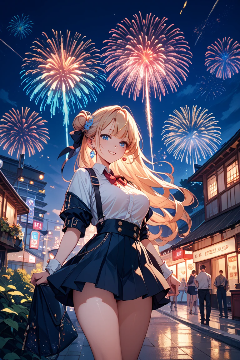 Woman standing on a balcony overlooking the city at night, Cute girl anime visuals, Beautiful Anime girl, Beautiful Anime portrait, Beautiful Anime artwork, Beautiful Anime art, Attractive anime girl, Smooth anime CG art, Beautiful Anime, Real life anime girls, Beautiful Anime woman, Beautiful Anime art style, Beautiful Anime high school girl, Beautiful fantasy anime、Camel Toe、Giant tit、Nipple Puffs、Cleavage、Plump、Super big breasts、Super big butt、下に広がるamusement parkの風景、amusement park、Under the stars, moon and fireworks