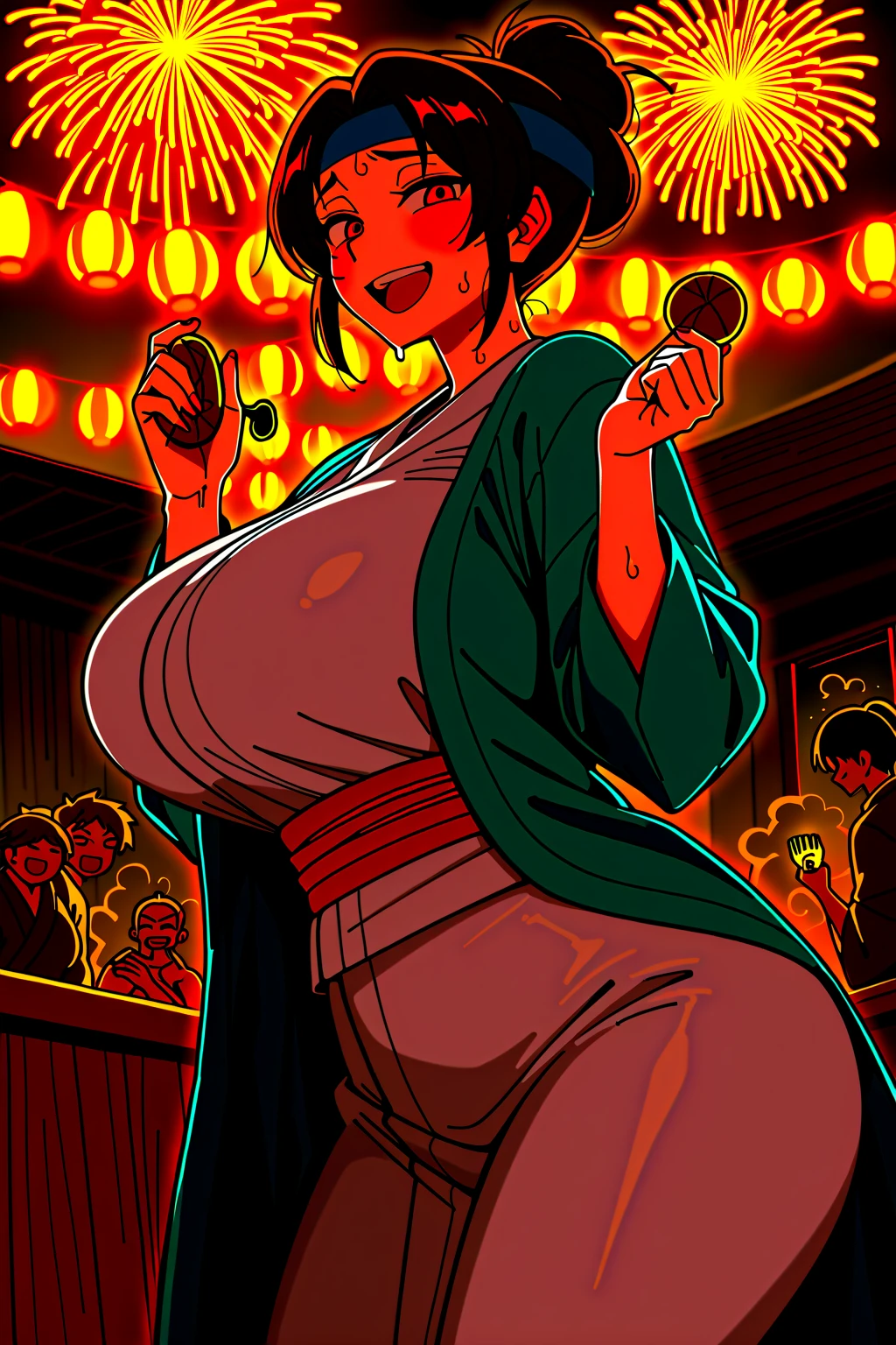 Score_9, score_8_up, score_7_up, score_6_up, score_5_up, score_4_up, source_anime, solo, 1girl, makeup, whore, prostitute, cute Mature female, sagging huge breasts, wide hips, thick thighs, BREAK Tomoe gozen, French twist updo hair, beautiful kimono, bare shoulder, huge areolae, areola slip, black areolae, earrings, walking, sideview, brown eyes, long eyelashes, looking at viewer, pov, sitting, indoor, in ryokan inn, Japanese style inn, crowded, covered nipples, bracelet, seductive smile, collarbone, head tilt, hairy stomach hair, showing hairy armpit hair, sweating, hands behind the head, dark hair, bukkake on armpit, hentai, Japanese 