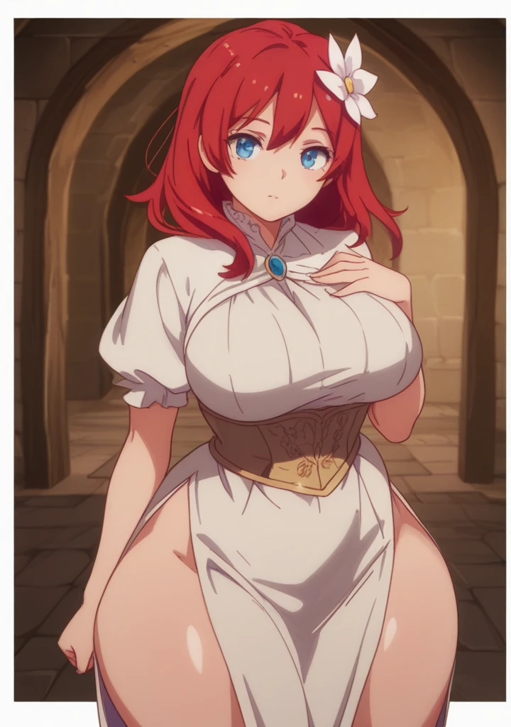 RanmaChan, Red hair, Braided hair, blue eyes, detailed eyes, whole body, lindosexyrobutts, tight black blouse, black crop top, exposed navel, clothing attached to the body, Tanga sexy, sexy stockings, 【Costume】【cosplay】White Dress of Albedo (Overlord), white thong, big neckline, vaginal sex, penetration, NSFW, silk nightgown, vulgar pose, doggy pose