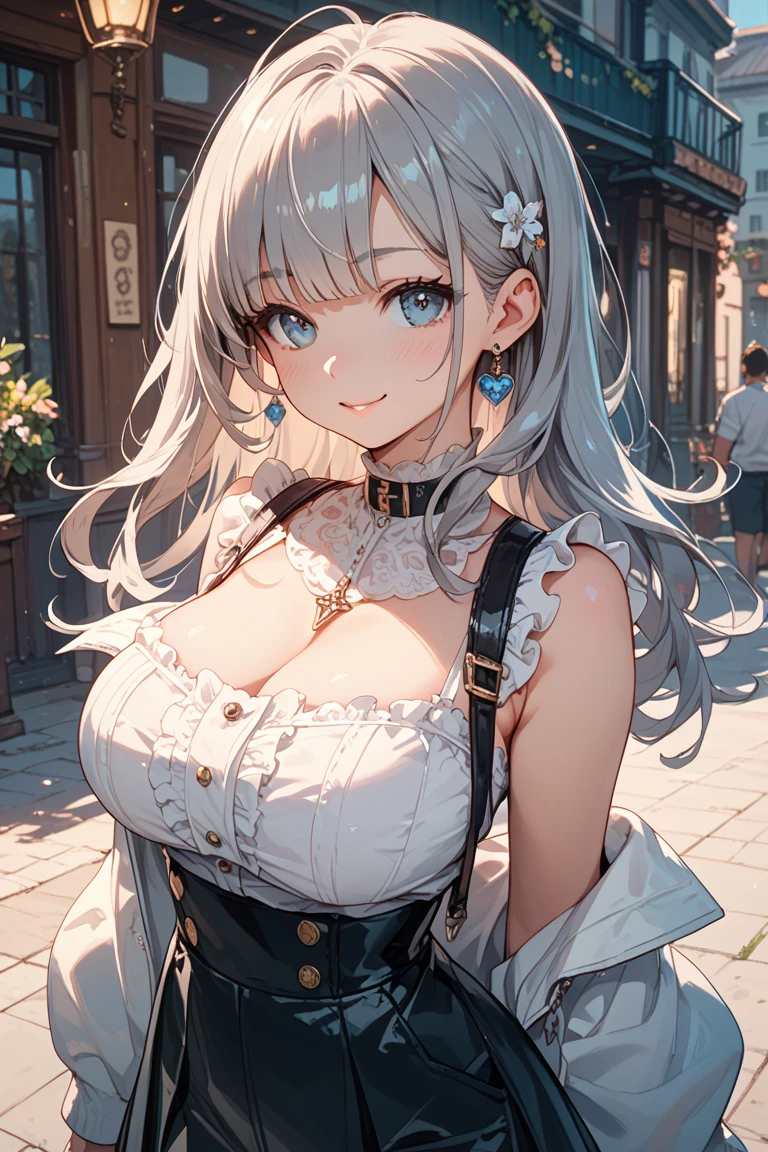((dress_default, terrific_default, ornament_waist)):1.5,((独奏, 1girl)) ((masterpiece,Highest quality,Highly detailed images,Beautiful images、Realistic、Dutch Angle)),(Top-down angle image)、 (Bright lighting overall、Backlight、A fantastic atmosphere、Thick Fog、Dust flutters),(Sexy pose、Beautiful cleavage、huge breasts, Place your hands behind your back:1.5、Leaning forward、Charming smile), ((Beautiful starry sky、shooting star、Ocean))、Black sleeves、Emphasize the chest、Looking up、Hands behind the body、Leaning forwardに