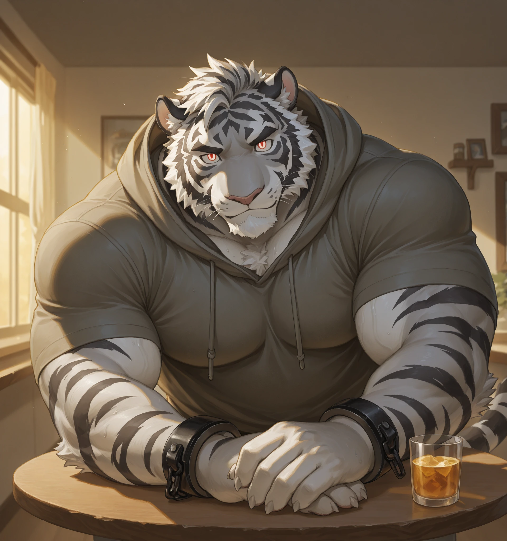 Masterpiece, Solo, (Black white tiger, Yellow eyes, Medium Black hair, Medium facial black hair) Muscular Body, Handsome, Good Looking, Adult, Fierce, Smirking, black Tanktop, boxer, sitting in chair, near windows, living room background.