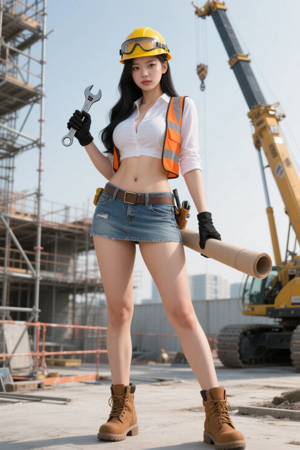 Photograph of a sexy calendar model dressed as a construction worker in a power pose, arms akimbo, posing in front of a massive excavator. She is dressed in safety gear, with a white hard hat and a pair of white short shorts, heavy boots. The excavator looms behind her, its metal frame and bright yellow color contrasting with the gray construction site. Style by J.C. Leyendecker. Canon 5d Mark 4, Kodak Ektar, 35mm