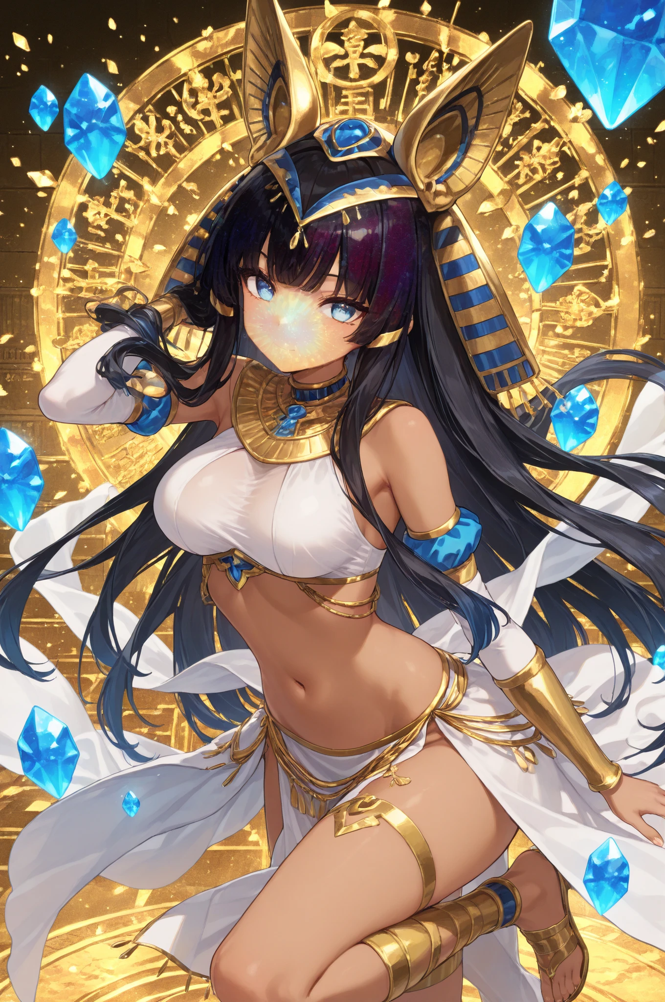 egyptian godess catherine dressed as the goddess of love and beauty, 1girl, solo, long hair, black hair, animal ears, dark skin, sitting, dark-skinned female, egyptian clothes, high heels, looking at viewer, jewelry, wet, armlet, cat ears, breasts, egyptian, very long hair, bangs, blunt bangs, crop top, skirt, bare shoulders, eyeliner, thighs