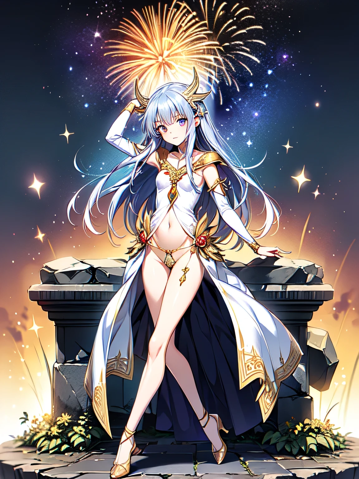 (night sky), fireworks, (metallic accessory), dancing(ethnic priestess), (gold embroidered garment), (sharp thong)(highleg), narrow constricted waist, small hips, (dark color)eyes(highlights), slender legs, fantasy, mythical altar, (stone sculpture)encrypting