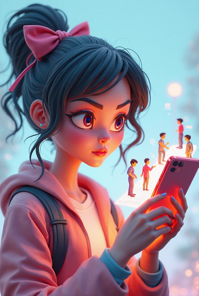 A young girl on the street , in front of a beauty salon( You can see the beauty salon sign)He is holding the phone in his hand pointing towards the display case(as if I were recording with the mobile camera).