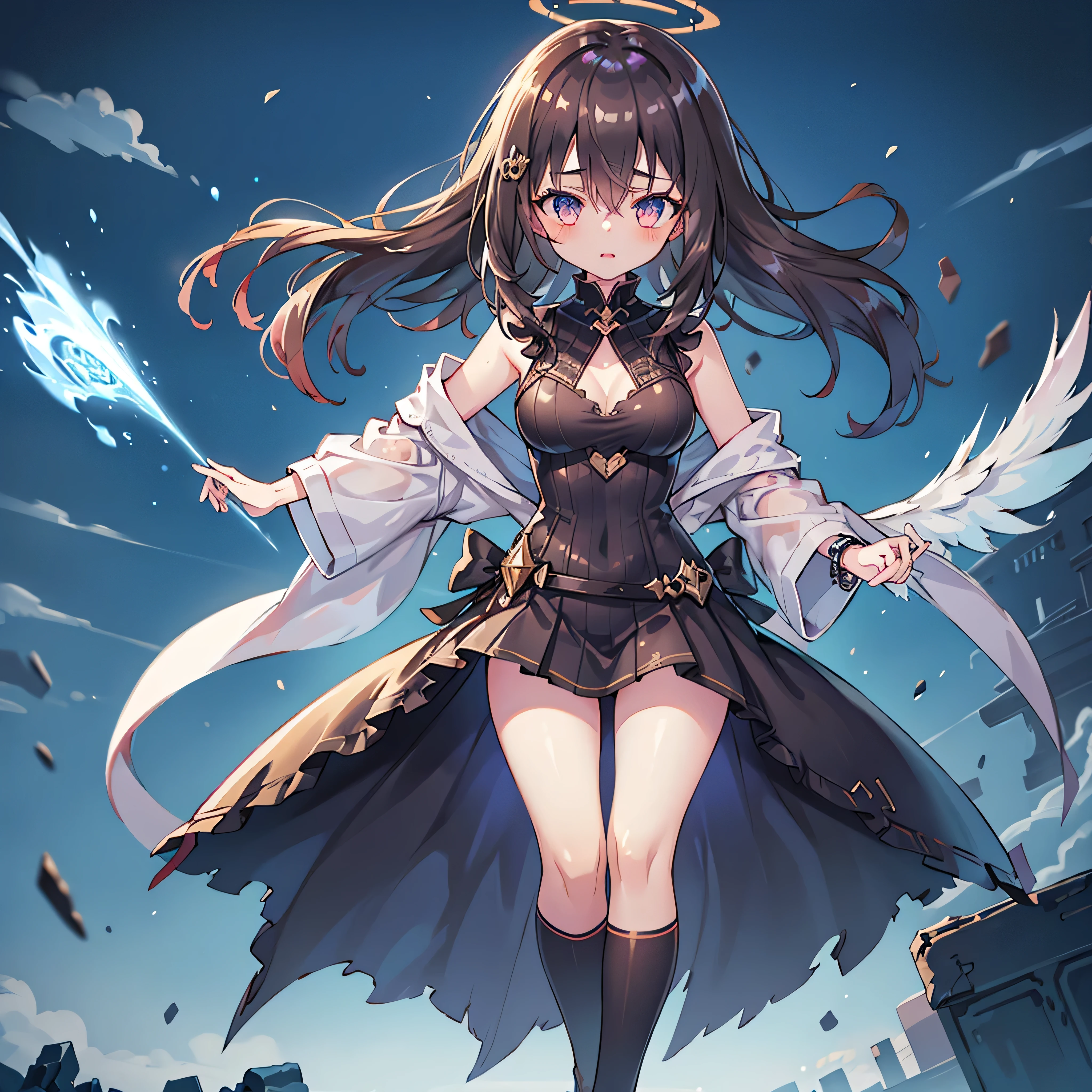 masterpiece, best quality, original flugel girl, dark-themed fantasy, wearing a black elegant dress with deep side slits exposing sideboob, tight and flowing fabric, confident and mysterious expression, glowing dark angel wings, cracked golden halo above her head, long flowing dark purple hair swaying in storm wind, arcane red magic symbols floating around, full body, standing on a floating stone ruin, dark fantasy sky with thunderclouds, gothic light beams, sfw sexy, anime style