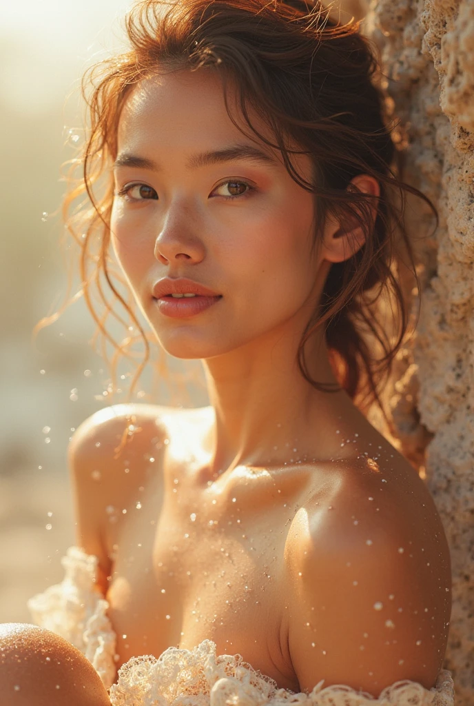 a sensual woman in a bikini, beautiful detailed eyes, beautiful detailed lips, extremely detailed face, long eyelashes, large breasts, curvy figure, toned body, perfect skin, golden tan, beach, ocean, sunset, tropical paradise, glowing lighting, vibrant colors, photorealistic, (best quality,4k,8k,highres,masterpiece:1.2),ultra-detailed,(realistic,photorealistic,photo-realistic:1.37)