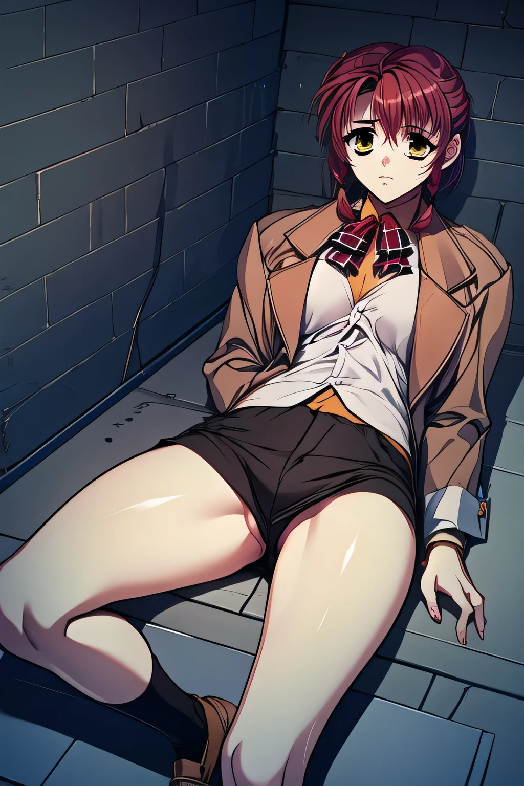 Lying,Looking at viewers,From side,(((chain binding over clothes:1.5))),(arms behind return:1.3)，(regretful expression)，restrained things ,restrained by chains, tightly shackled and confined ,a lot of Blood Stain On Shirt,1girl,10years old,Haibara ai ,Detective Conan, short hair,(((laboratory coat,realistic white lace panties))),masterpiece ,8k unity wallpaper,anime key visual,highest quality, High resolution, unity 8k wallpaper, (shape:0.8), highly detailed face,highly detailed eye,glowing eyes , shiny skin,fine skin,white skin,dense skin,detailed hair,highly detailed legs,perfect lighting, Detailed CG, (perfect hands, perfect anatomy),High resolution,(Detailed wear ),slender limbs, delicate curves, dainty hands,figure:0.8,