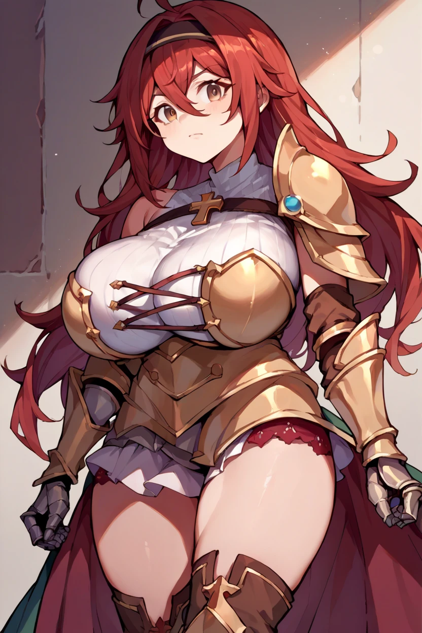 gfsturm, huge breasts, draph, hood down, armor, leopard print, cape, thighhighs, gloves, jewelry, earrings, red hair, brown eyes, horns, cleavage, skindentation, bursting breasts, covered nipples, 1girl, <lora:granblue_sturm:1>, fullbody, flying island, castle