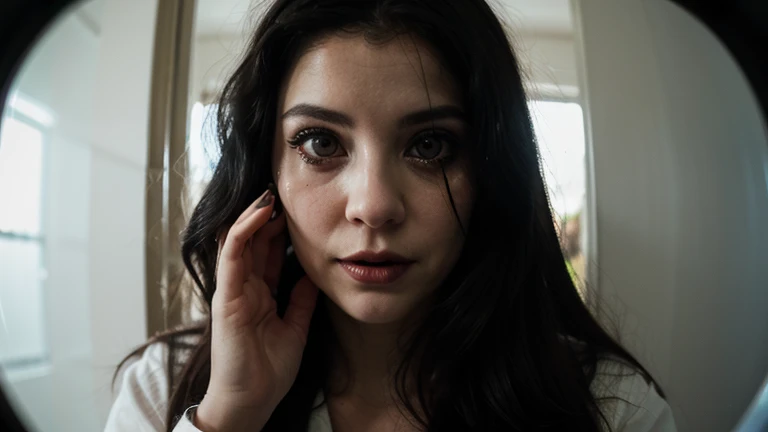 A black-haired girl a little messy her black hair, crying eyes, teary green eyes, tirada en el wooden floor, wooden floor, fine facines, large eyes, green look, scary face, his body covered by a black shirt, wearing a black shirt, in the background a dark room, a night room,pale skin, pale skin, detailed, better quality, tears come out of her green eyes, dark room, dark room, red eyes, pink cheeks, Long straight hair, destroyed, blushing cheeks