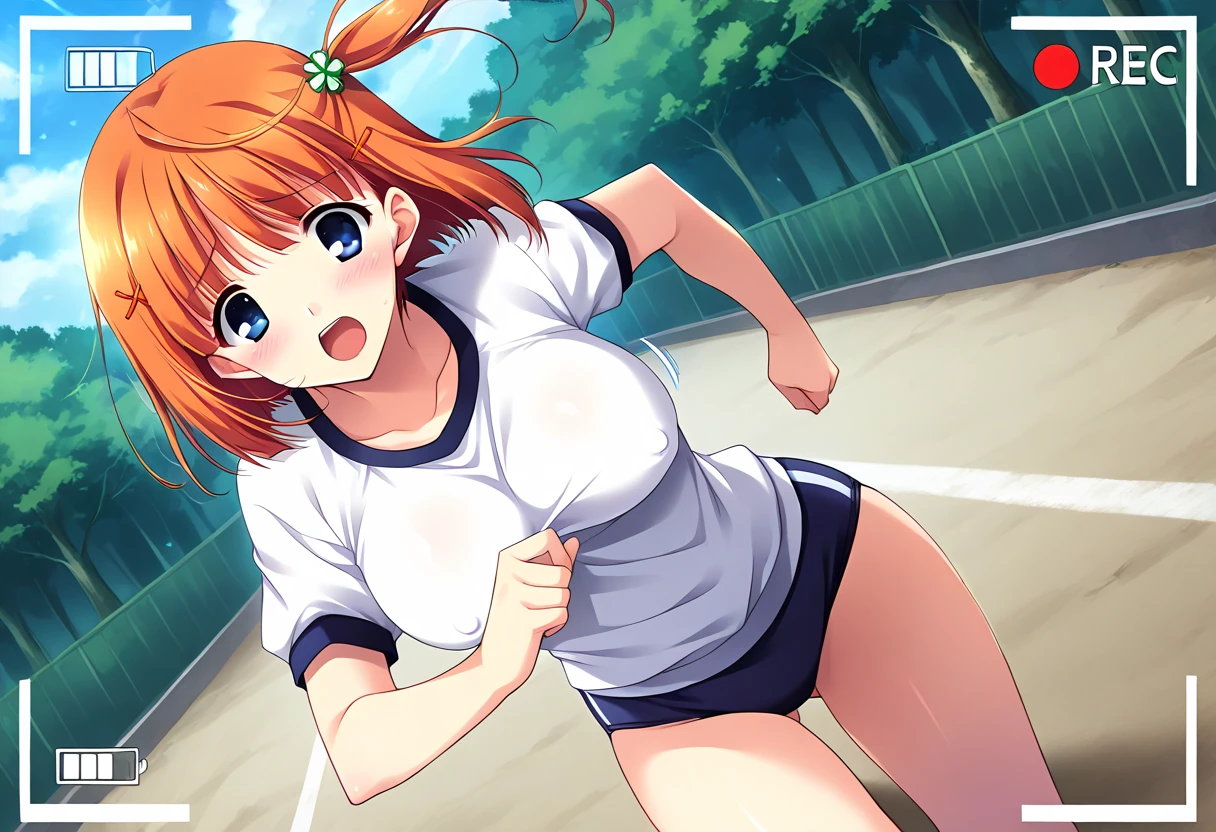mastute piece,Best Quality,insanely detailed,8k cg,nsfw,
(shoot upper body:1.3),
(1girls:1.3),standing,looking at viewr,body in front,both arms behind back,(tennis uniform:1.3),(bare breasts:1.1),(bare nipples:1.1),
break,
blush,shy,(??????? face),(trembling:1.2),break,(light orange hair:1.2),
break,
perfect breasts,perfect teats,(open mouth:0.9),(large breasts:1.2),
(tennis court)、