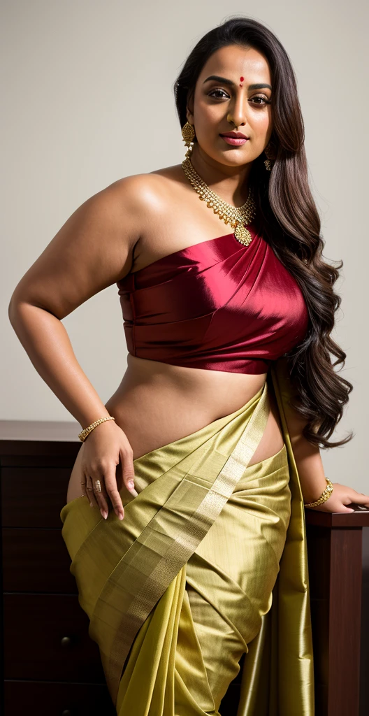 Foto RAW, photorealistic, photography, full body shot, master shot, goddess like beauty, perfect thick chubby mallu Desi aunty bhabhi, Wearing a Stanapatta, a chest-band.Saree model, model Photography, Indian saree shoot, Indian traditional wear advertising photography, traditional wear brand shoot, face of Indian actress Sonakshi Sinha, masterpiece, realistic, realism, incredible details, sensual pleasure, photorealism, detailed skin, skin pores, high contrast, photorealistic Artstation 8k HD digital art trend of high definition and detailed realistic skin texture, ultra detail, realistic skin texture, armature, best quality, ultra high definition, (photorealistic:1.4),, high resolution, detail, raw photo, Re sharp, by Lee Jefferies Nikon D850 Film Stock Photo 4 Kodak Portra 400 Camera F1.6 Lens Rich Color Ultra Real Realistic Realistic Textures Dramatic Lighting Unreal Engine Trending at Art Station Cinestill 800,(pele altamente detalhada: 1.2), 8k UHD, DSLR, soft-lighting, alta qualidade, grain of film, Fujifilm XT3. Sleeveless blouse, beautiful saree, big breasts, big ass, front view, cute smile, full body, seductive look, seductive saree, round navel,