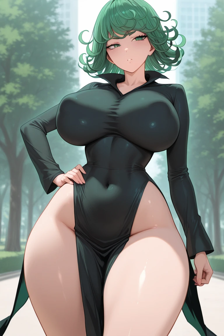 girl, with giant breasts, green fur, short hair, green eyes, black spy suit.