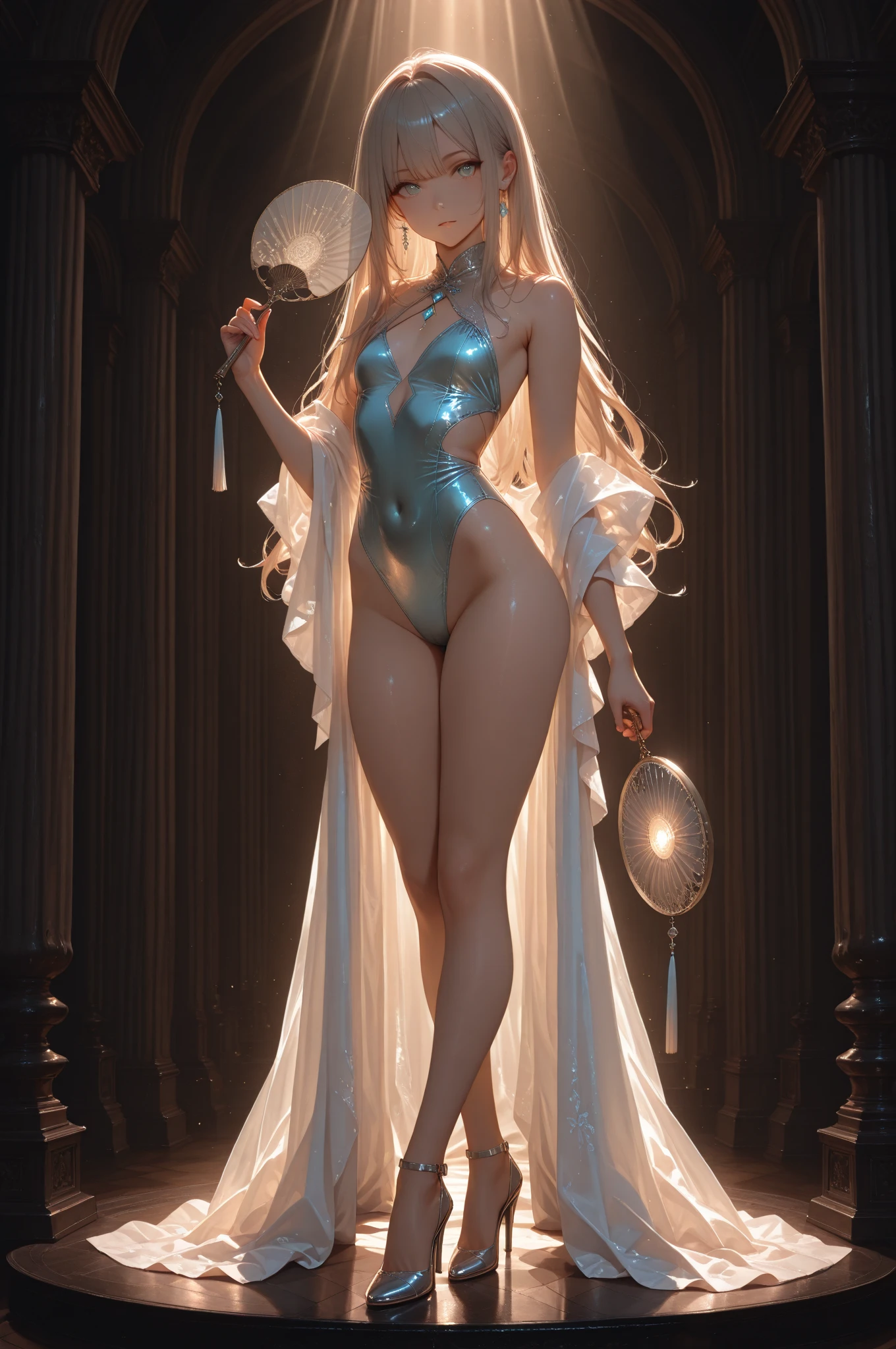 25-year-old Caucasian woman、ash blonde、blue eyess、Semi-long、setting hair、I'm tying my hair、My hair is wavy、Slender but thin macho、accessories on the wrist、wearing a chain necklace、Beautiful breasts、a smile、I need space above my head、Wearing a high-leg retard、Wearing heels、perfect long legs