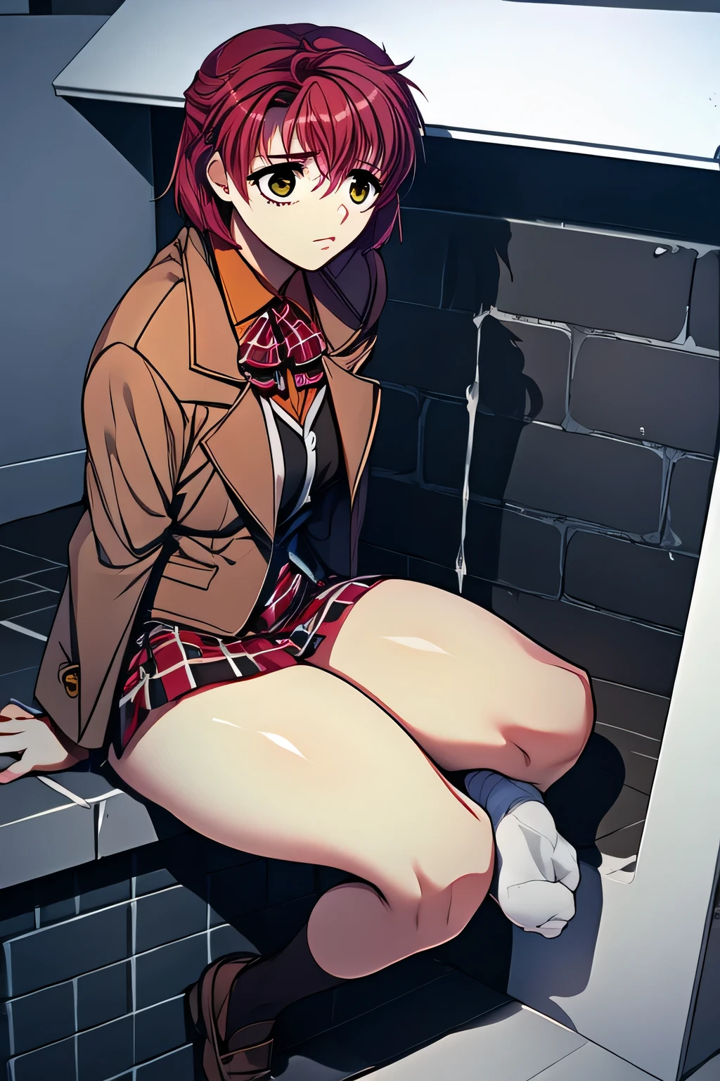 Kneel, A Female robot exposes her inside mechanical organ(it so called "mechabare"). spread legs, nude, banzai pose. she wears no dress. Her Brown short hair is tied with two big red clothespins, She lifts up the under hem of her white plain dress, leaning over, masterpiece, very short pigtails,brown hair, mature, android, blue eyes, full body figure, Height: 160cm, flushed cheeks, 2020s anime picture, A beautiful robot with short brown hair in two short pigtails held up by two very large huge red clothespins, Uplifting, No NSFW, whole body, barefoot, archaic smile, getting orgasm, 25 years old, sweat bucket. short sleeve shirt, pleated skirt, skirt lift, no panties, full body shot, sexy face. under shower, floating hair, looking away. She wears swim pants. She has broken hardly by enemy.
