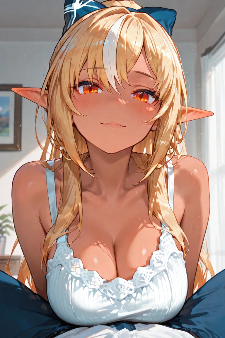 (muste piece), (best quality), (score_9, score_8_up, score_7_up), very detailed eyes, expressive eyes, perfect face, very detailed face, highly detailed face, beautiful girl, 8K, beautiful girl, (white background), delicate and beautiful face and eyes, dark intense shadow, Ultra-high resolution, Movie Lighting, (Fuji Color: 1.2) portrait,
1 girl, vtuber style, cool girl, hololive, vtuber, Shiranui Flare, Elf ears, blond hair, dark skin, see-through:shirt, Unbuttoned shirt, Navel-baring abs, no bra, thong, close one eye, look up, big chest, cleavage, messy hair, cameltoe, clavicle, body visible through clothes, chest visible through clothes, ass visible through thighs, (full body), stand in front of mirror, Selfie, mobile phone,