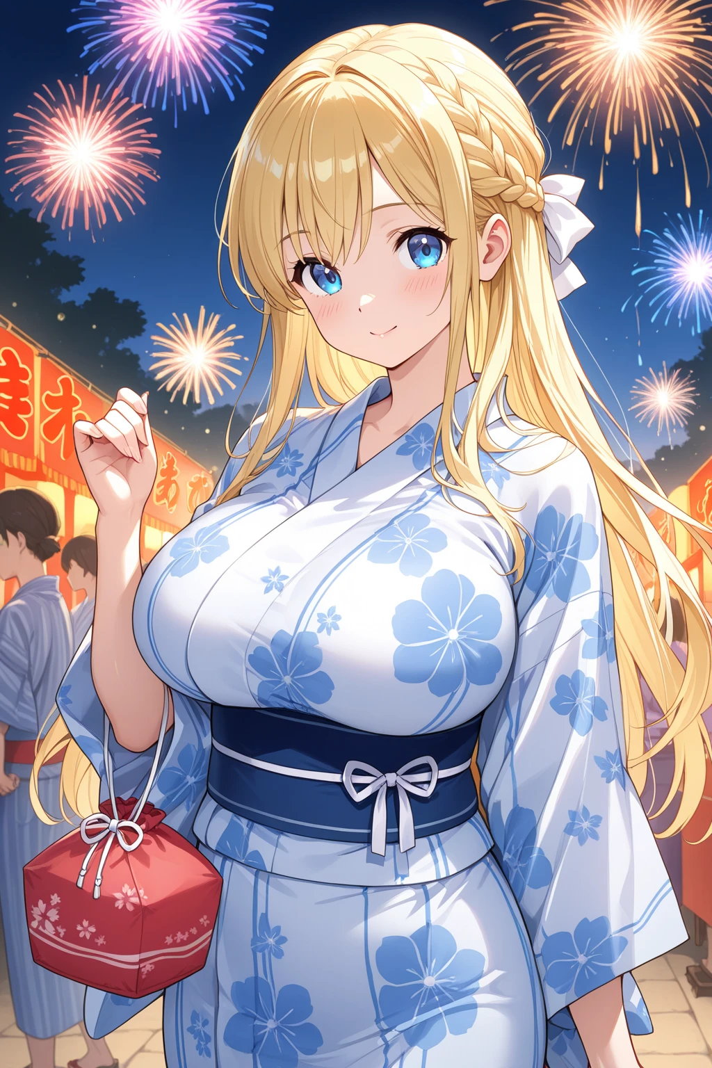 masterpiece, best quality, ultra detailed, detailed eyes, sparkling eyes, nsfw, huge breasts, The image depicts a cheerful anime-style character with a warm and inviting expression. She has blonde hair styled in a loose ponytail with soft curls, adorned with a vibrant red and pink flower accessory on the side. Her blue eyes are large and expressive, contributing to her friendly demeanor, and her cheeks have a slight blush, adding to the overall sense of happiness. The character is dressed in a traditional Japanese kimono, featuring a pink color with white cherry blossom patterns. The kimono is accentuated with a blue obi (belt) that is tied with a golden bow, adding a touch of elegance to her outfit. The background suggests a festive evening scene, with bright fireworks lighting up the night sky and traditional lanterns hanging around. People are visible in the background, further enhancing the lively atmosphere of the scene. Overall, the image captures a joyful and festive moment, with the character's bright smile and traditional attire highlighting the cultural and celebratory elements of the setting.