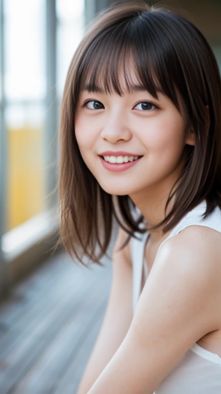masterpiece,high resolution,realstic,RAW-photo,daytime,medium shoot,1girl,japanese super cute teen,petit body,detailed face,smile,small & flat chest,solo,short hair,looking at here,onsen,wet