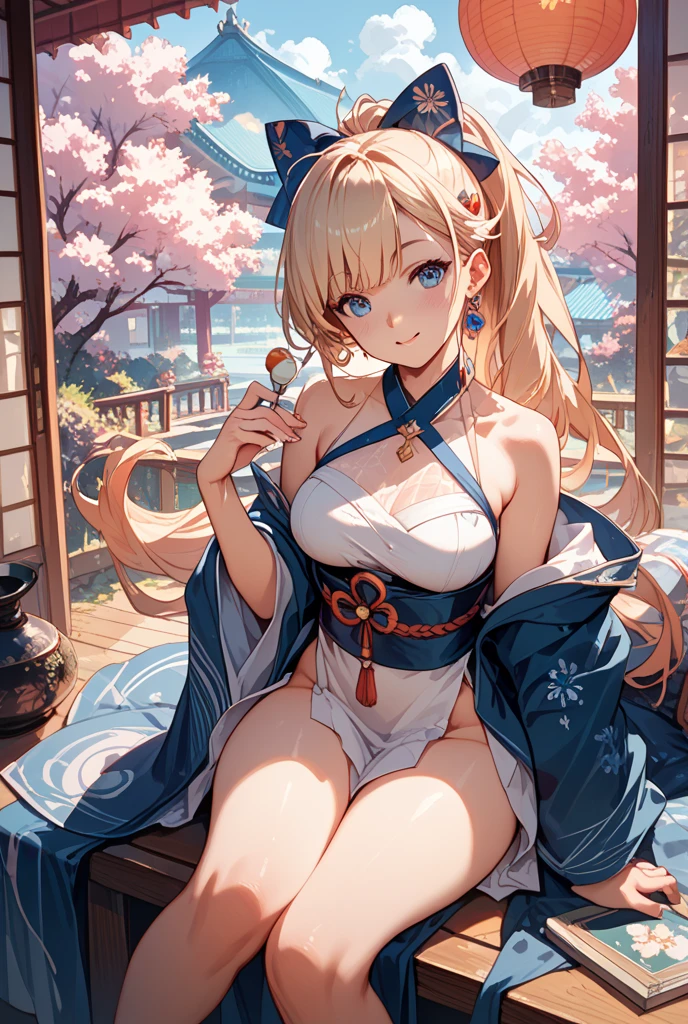(((masterpiece: 1.5, best quality: 1.2, high resolution, super resolution, ultra detailed: 1.3, rich background: 1.4))), (from below), (1girl), solo, green eyes, blonde long hair tied with blue ribbon, hair ornament, blunt bangs, smiling, highschool girl, medium breast, ((cleavage)), ((tight breast)), (white pantsu), ((thighs)), ((sitting)), japanese clothes, (blue short pattern kimono), sandals, ribbon, obi, ((outdoor)), cherry blossom, (torii gate), stone staircase, sky (afternoon), cherry blossoms fall, ((dramatic light: 1.3)), cloudy, (fuji scenery behind)