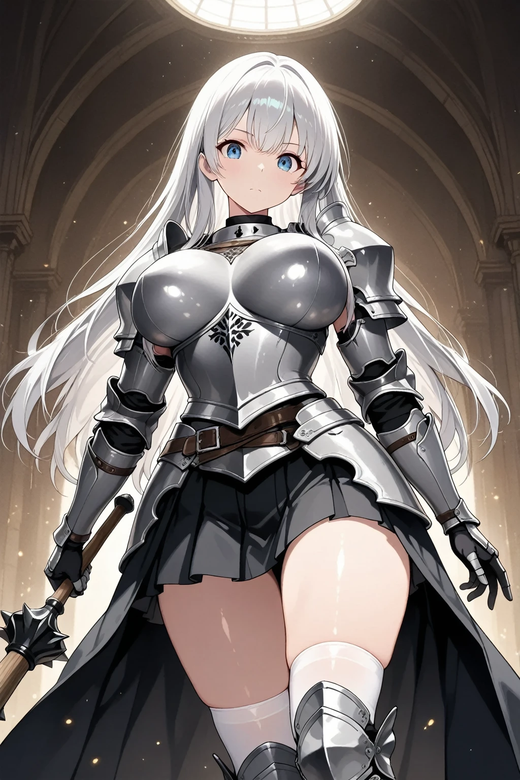 masterpiece, best quality, 1girl, sitting, forest, white hair, long hair, grey eyes, (knight armor:1.1), skirt, thigh highs, curvy