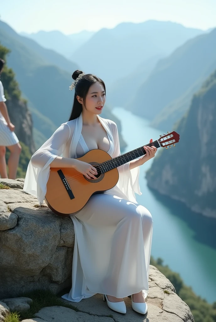 Ancient Roman ruins in the style of Poussin,A smile,,Sweet and seductive appearance.、she is playing the guitar,Caravaggio's paintings、Chiaroscuro of Caravaggio、Hair disheveled in the wind,Cute smile, Expression of ecstasy,A sexy,Erotic