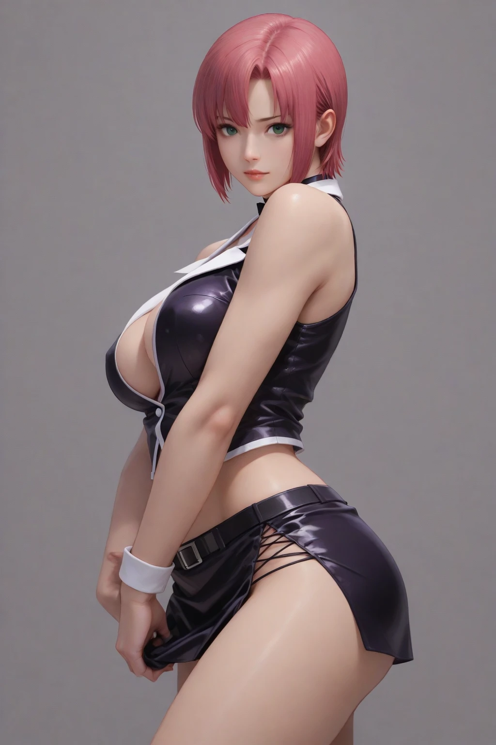 There is a woman in a black latex outfit, mask, just one woman, yellow eyes, in position of all fours and showing her ass, very sexy outfit, smiling, photorealistic anime girl render, 2b, Tifa Lockhart with pink hair, sexy outfit, thick and smooth thighs warframe, hyperrealistic student, bright white skin, perfect body shaded realistic, nier inspired,  Thicc, sexy dominant pose, photorealistic perfect body --auto