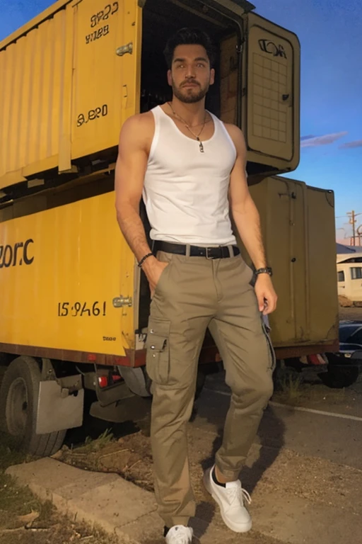 2,One Man,、Black Tank Top、Slim jeans、、Street parking、In front of the truck、、Stand with your feet apart、logic, ,Black Hair、Very short hair、Handsome Fighter Iraqi face Black socks Seen from below smile My crotch is swollen