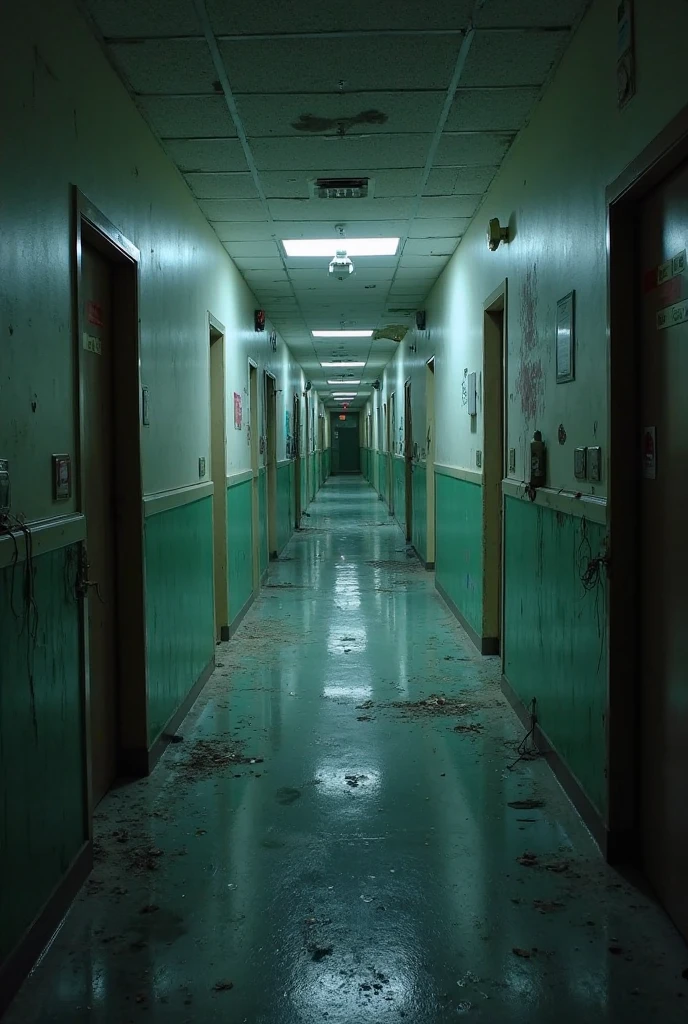 Hospital corridor　The floor tiles have deteriorated over time　Wires hanging from the ceiling　Bloody drag marks and handprints　Overturned beds and medical equipment　Wide hallway　A dark dust floats in the air　The plague of Creeshers everywhere々Shii　Eggs are stuck