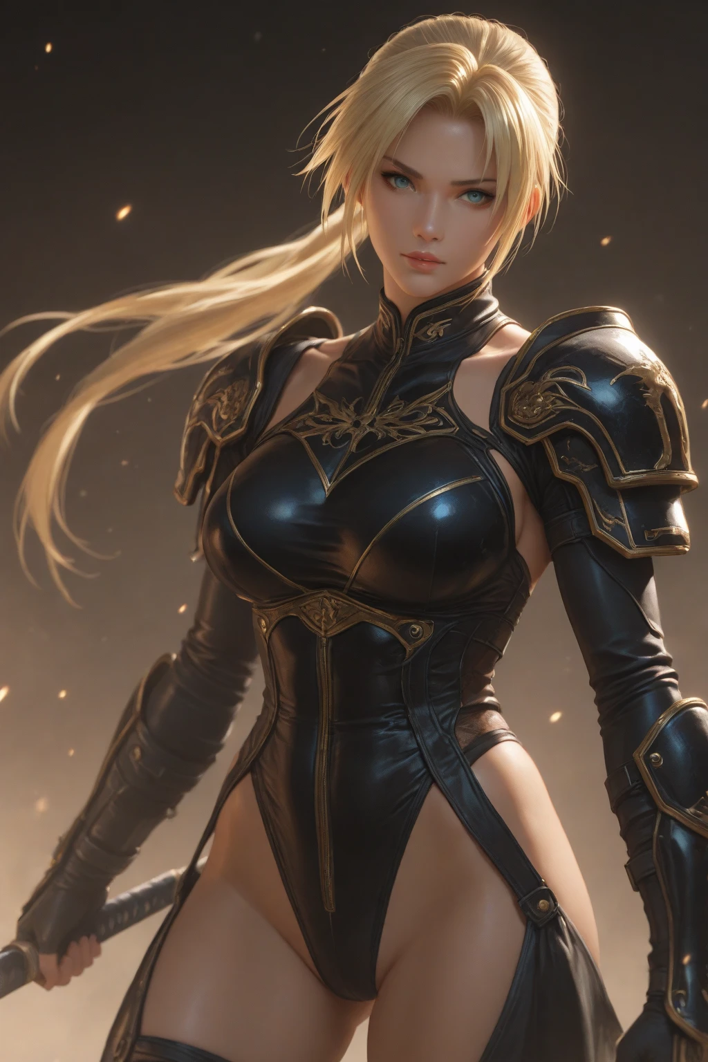 8K,looking down from above描写,Beautiful mature female demon, 3 horns, Cruel smile, black skin, sexyな黒の胸鎧, big golden eyes, Seduce me,  underworld earth background, (masterpiece), (realistic:1.4), born, highest quality, ultra high resolution, rich colors, Backlight, cinematic lighting, film grain, born, 50mm lens, Nikon D850, warm colors,super realistic skin,inside a dark dungeon,looking down from above描写,One-length hair,Ghost Girl,has a long and large battle ax,battle scene,action scene,action pose,luxurious black shoulder armor,gorgeous black gauntlets,trained body,Violent and strongly cracked abdominal muscles,very big breasts,looking down from above,sexy,gorgeous gold and black pants,blonde,battle scene,action pose,