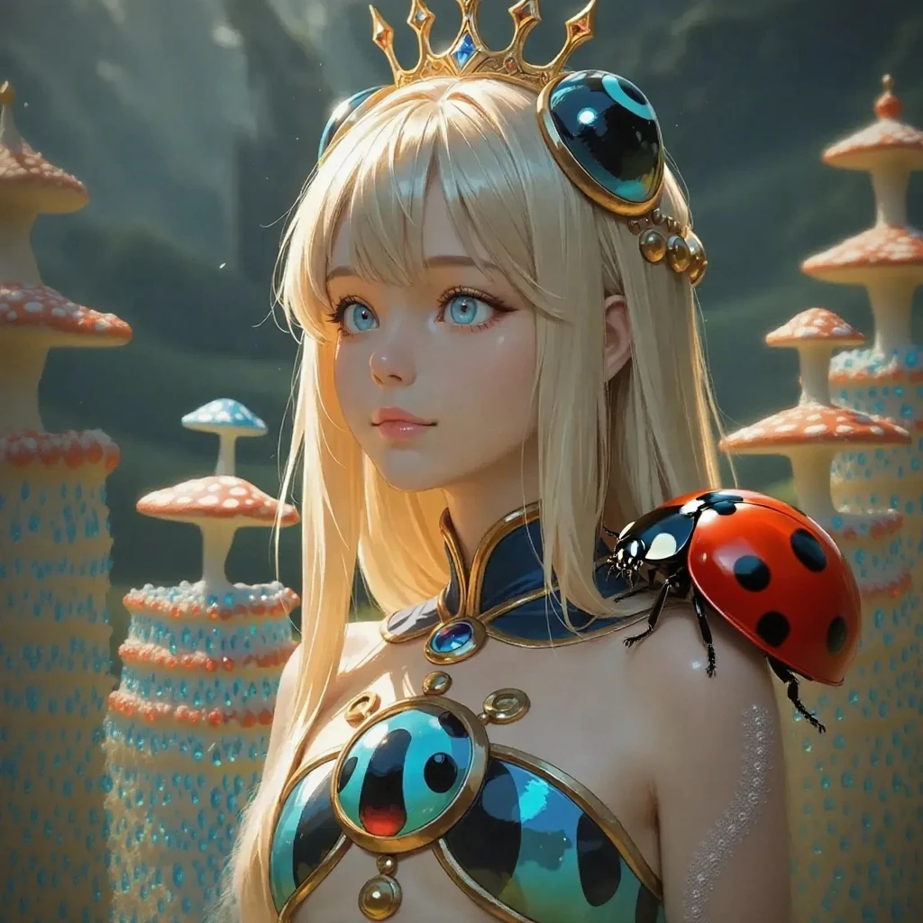 Steampunk style photo of a naked 18-year-old girl with bright blonde hair and piercing blue eyes. Dreamlike Canopy of Glowing Mushrooms. Antique, mechanical, brass and copper tones, gears, intricate, detailed