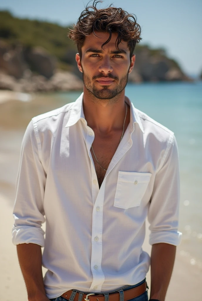 A masculine young man in his late twenties, dark brown hair , light hazel eyes, masculine energy, standing on the beach