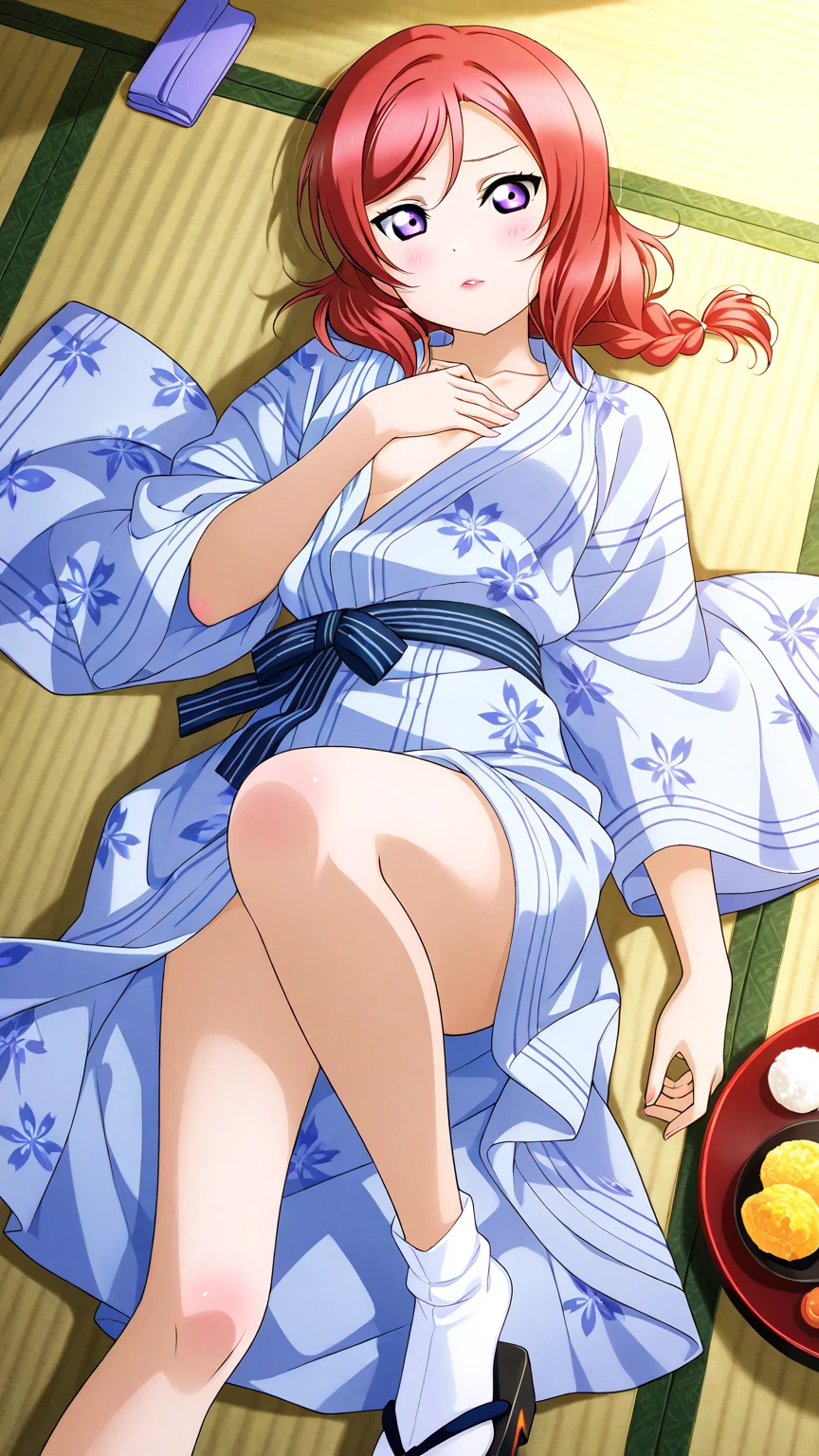 、Cute girl with orange hair, fish pattern Yukata, slit, cleavage, pantie,
girl, cute, teenage, medium breasts, leg up ,
lying in futon, deep shadow, from above,
absurd-resolution, ultra-detailed, best quality, steam, humid,
