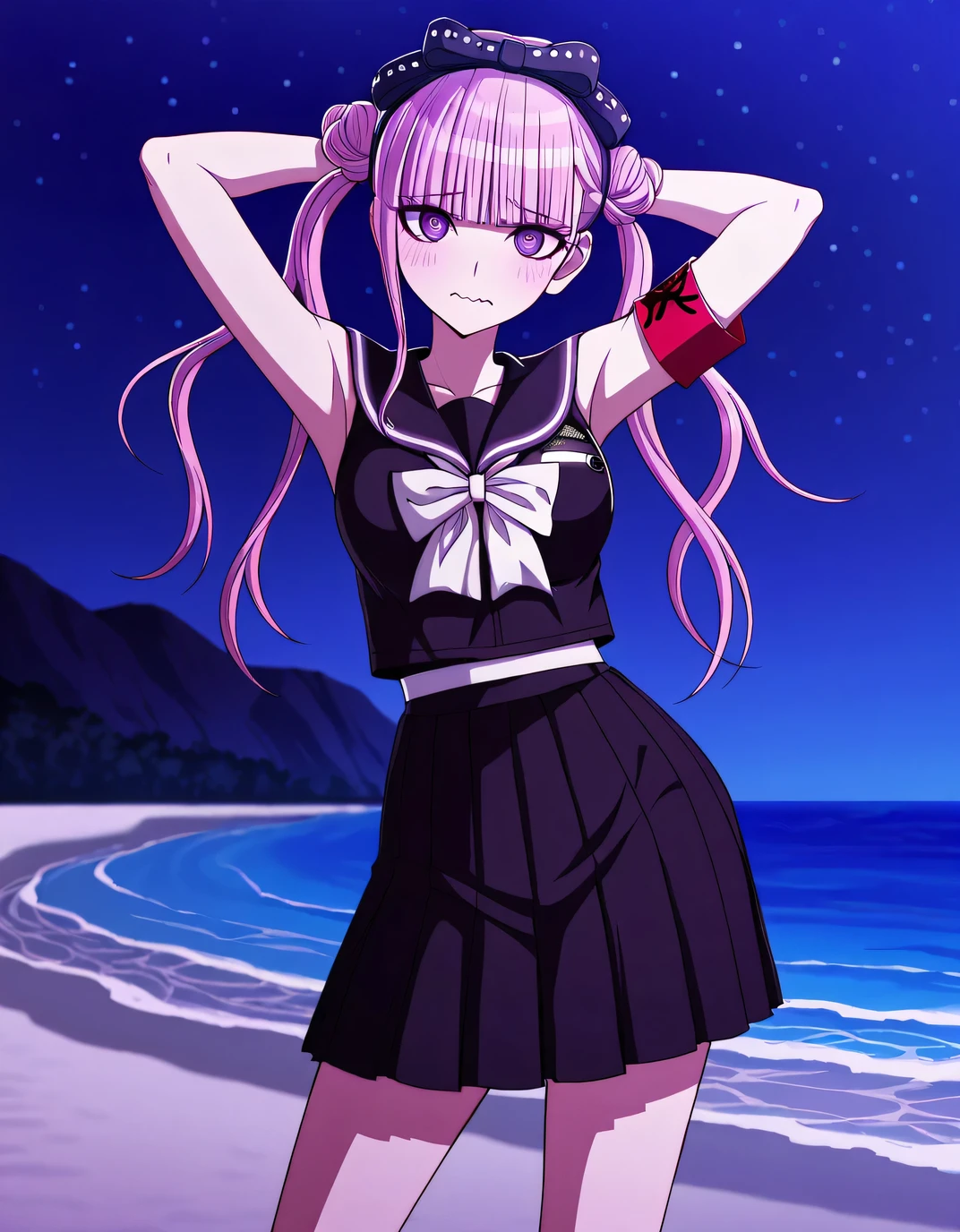 kako, pink hair, purple eyes, twintails, double bun, bow, blunt bangs, black serafuku, black skirt, armband, sleeveless, anime screencap, high quality, closed mouth, solo, cowboy shot, night sky, beach, arms behind head, ((contrapposto)), looking at viewer, wavy mouth, shy, best quality,