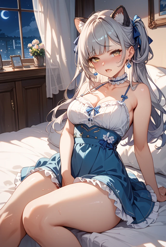 masterpiece, best quality, HD, 4K, Ultra-high resolution, Extreme Detail, Super detailed,beautiful eyes, beautiful hair, Beautiful side, beautiful skin, It has to be realistic, white hair, blue eyes, heart-shaped irises, big breasts, black thigh socks, , lift 1 leg,ahegao, blush, Charming smile, from the top down,Close-up, Look at the viewer, bed
