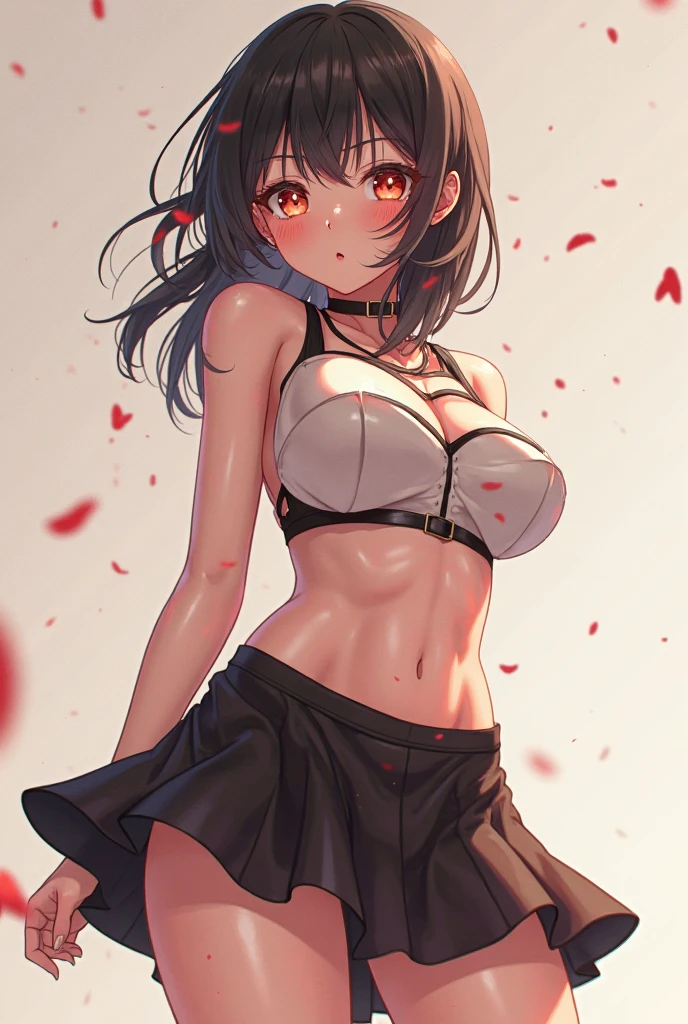 pose: professional seduction. A perfect young girl with a mischievous smile only wears a very short pleated miniskirt and an extremely thin and transparent bra like air. back lighting on a completely black background,      ((front angle))