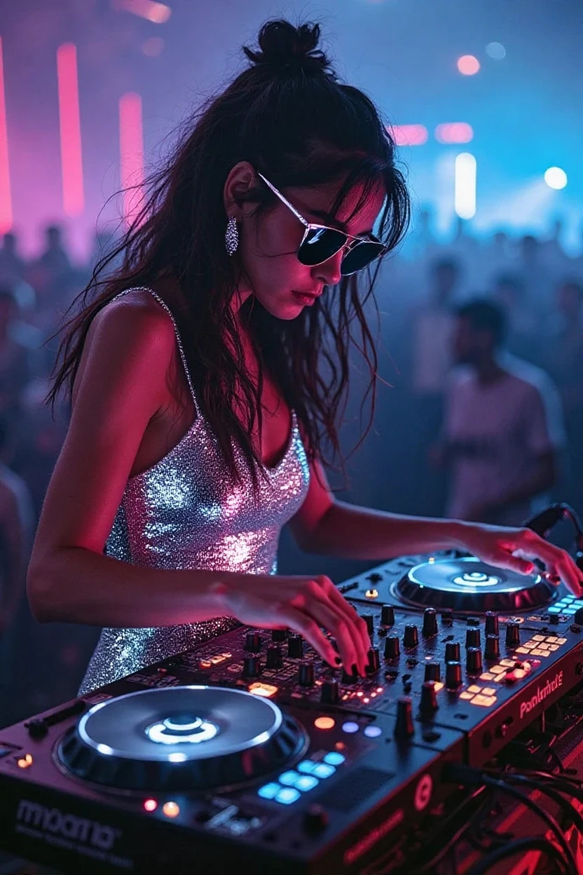 A beautiful woman with black flowing hair and a silver headphone, wearing silver glitter tank top and matching shorts, diving under pitch black water, so very dark you can only see her upper body parts, camera flash lighting, elegant pose, looking at the camera