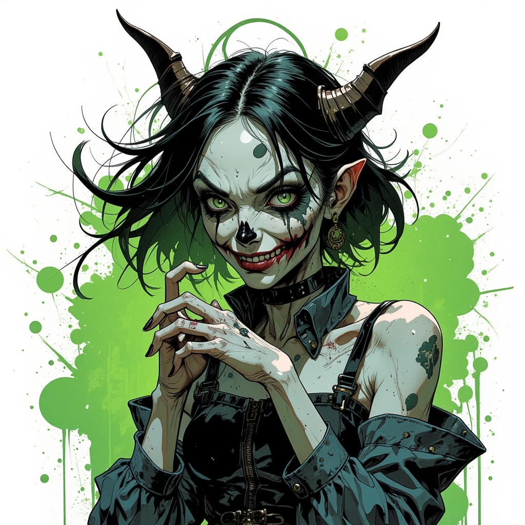 Psychedelic style Close up, Sexy girl green eyes takes care of a voracious monster plant, marijuana, a lot of leaves with large sharp weed teeth, green monster in the background, expresion black ink technique in a gothic getup. Dark, leather, lace, Victorian influence with a punk look. Rebellious, grungy, band tees, ripped denim . Vibrant colors, swirling patterns, abstract forms, surreal, trippy