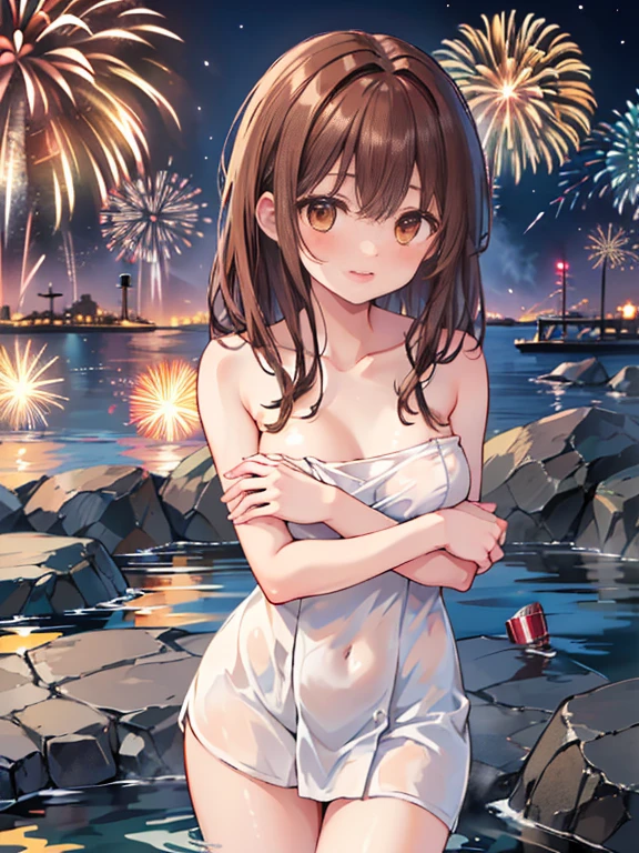 (anime style),masterpiece, best quality, extremely detailed,from side,from directly below,tanned skin,15year old,dark skin Beautiful body,bouncing_breasts,BREAK,bwet hair,for head,BREAK,smile face,lick one's lips,half open mouth,eyes half open,sensual face,detailed lips,BREAK,red ribbon,BREAK,Push-up bikini,navel,slit down the side,break,head tilt,Night sky,coquettish pose,Detailed ??????,motion lines,??????? top,stomach to stomach,1faceless man,interlocked fingers,firework