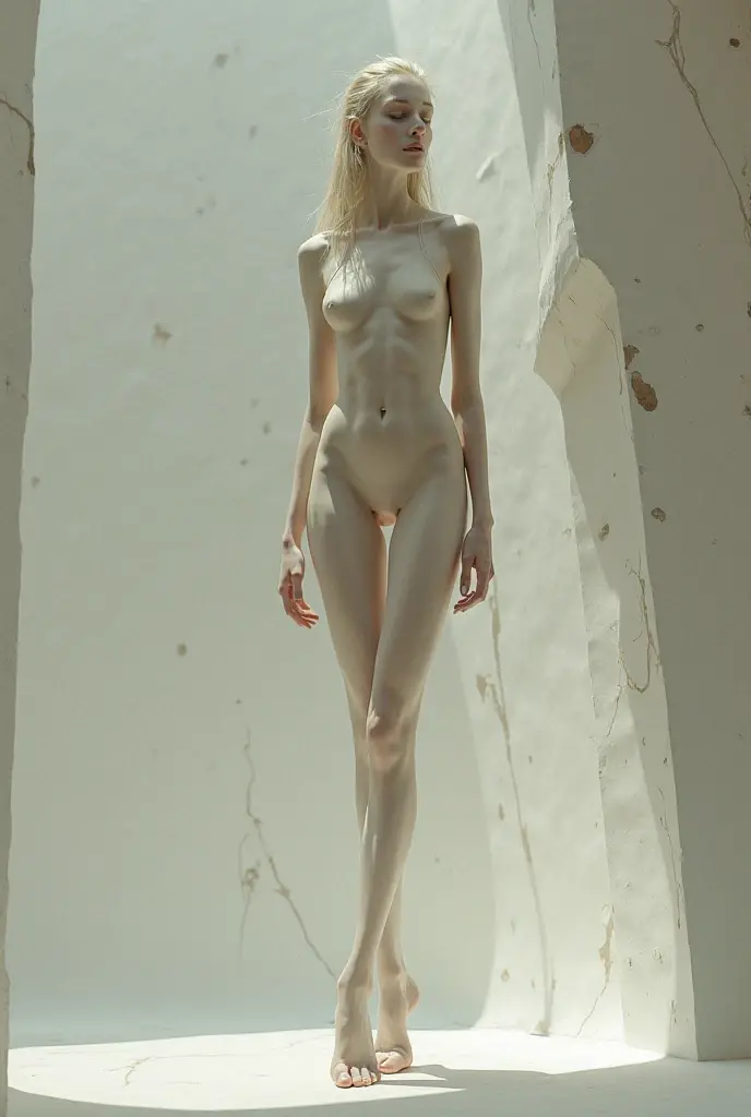 exposed chest, 8k, very tall girl, extremly white skin, white hair, completly naked, extremly thin, low body fat, almost skeleton but beautiful, in room, young, attractive 10/10, melancholy in the eyes, david lynch wibes, emotionless  