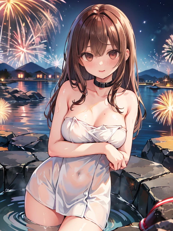 (masterpiece, best quality, detailed), 1girl, solo, looking at viewer, chiori, hair ornament, flower, hair flower, long hair, choker,
white bikini, beanie, coat, gloves, open coat, scarf, snow, fireworks, aerial fireworks, festival, night sky, arms behind back, closed mouth, nose blush, embarrassed, sweatdrop