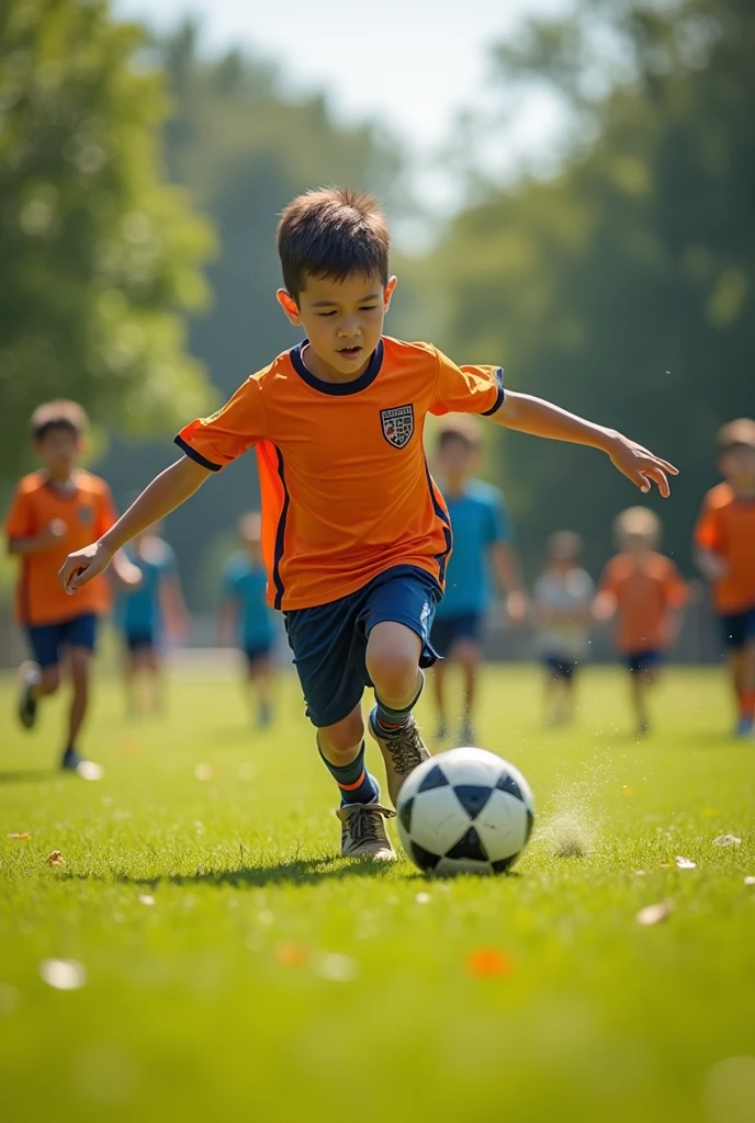 Some kids are playing in the football field, there is a lot of water collected in the field, one kid is kicking the football and some water is splashing on the football.